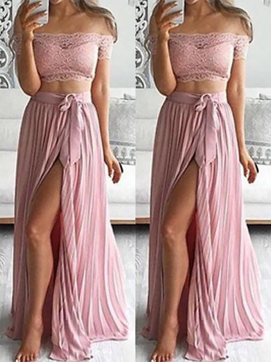 Floor-Length Off-the-Shoulder Chiffon Lace Sleeveless A-Line/Princess Two Piece Dresses