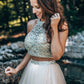 Sleeveless Tulle Two Short/Mini Beading A-Line/Princess Scoop Piece Homecoming Dresses