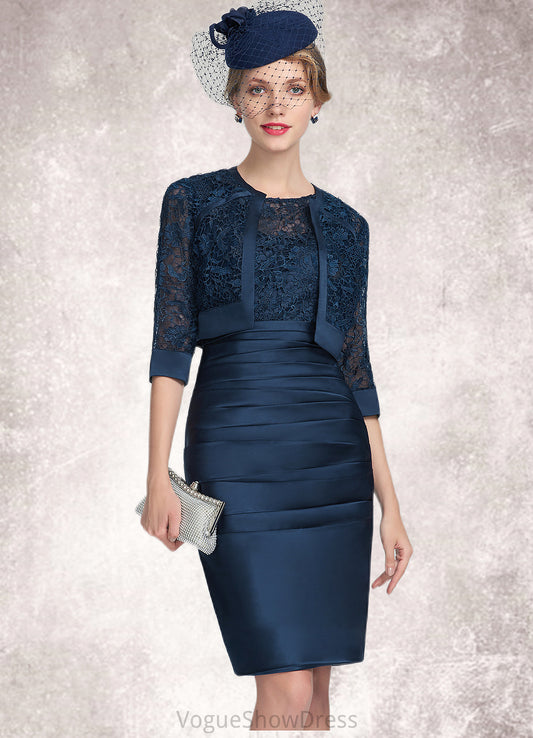Zoey Sheath/Column Scoop Neck Knee-Length Satin Lace Mother of the Bride Dress With Ruffle DL126P0014693