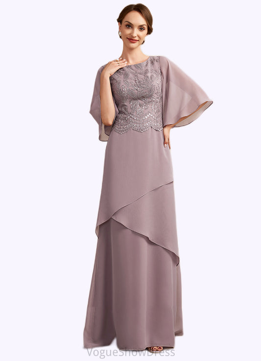 Valentina A-Line Scoop Neck Floor-Length Chiffon Lace Mother of the Bride Dress With Sequins Cascading Ruffles DL126P0014991