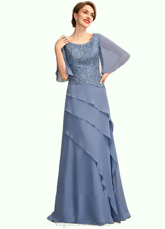 Sonia A-Line Scoop Neck Floor-Length Chiffon Lace Mother of the Bride Dress With Sequins Cascading Ruffles DL126P0014997