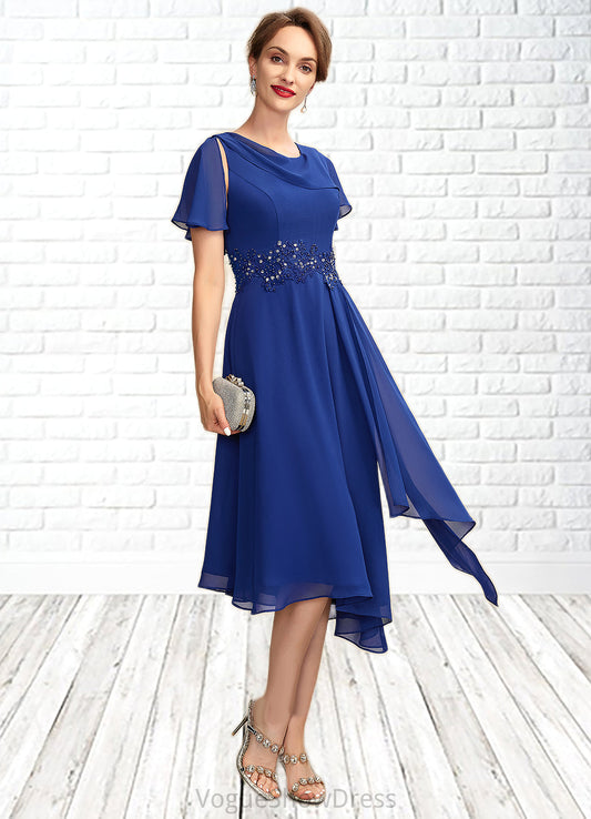 Skylar A-Line Scoop Neck Asymmetrical Chiffon Mother of the Bride Dress With Beading Appliques Lace Cascading Ruffles DL126P0014998