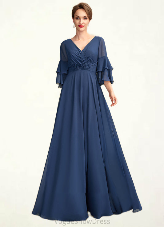 Piper A-Line V-neck Floor-Length Chiffon Mother of the Bride Dress With Cascading Ruffles DL126P0015003