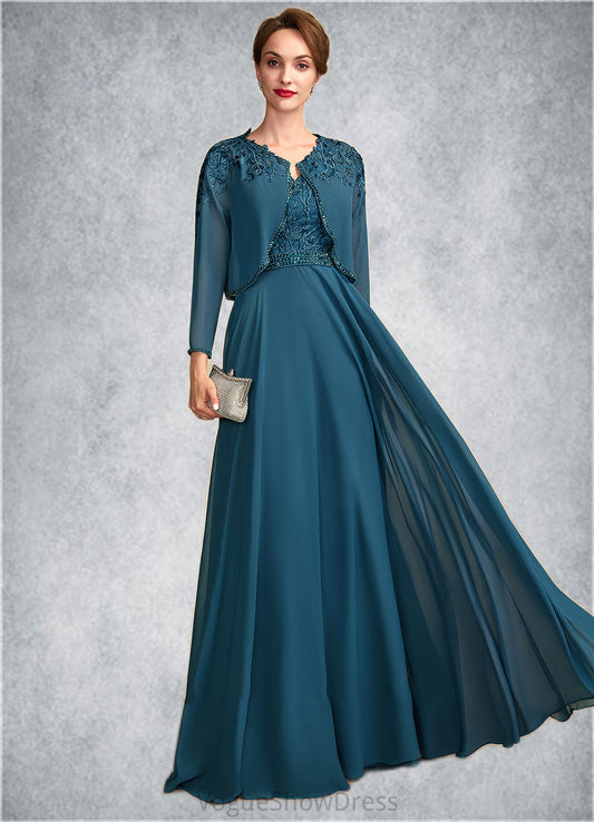 Yuliana A-Line V-neck Floor-Length Chiffon Lace Mother of the Bride Dress With Beading Sequins DL126P0015004