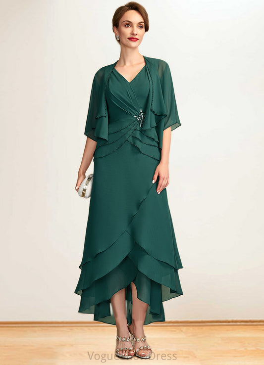 Lexi A-Line V-neck Asymmetrical Chiffon Mother of the Bride Dress With Beading Sequins Cascading Ruffles DL126P0015005