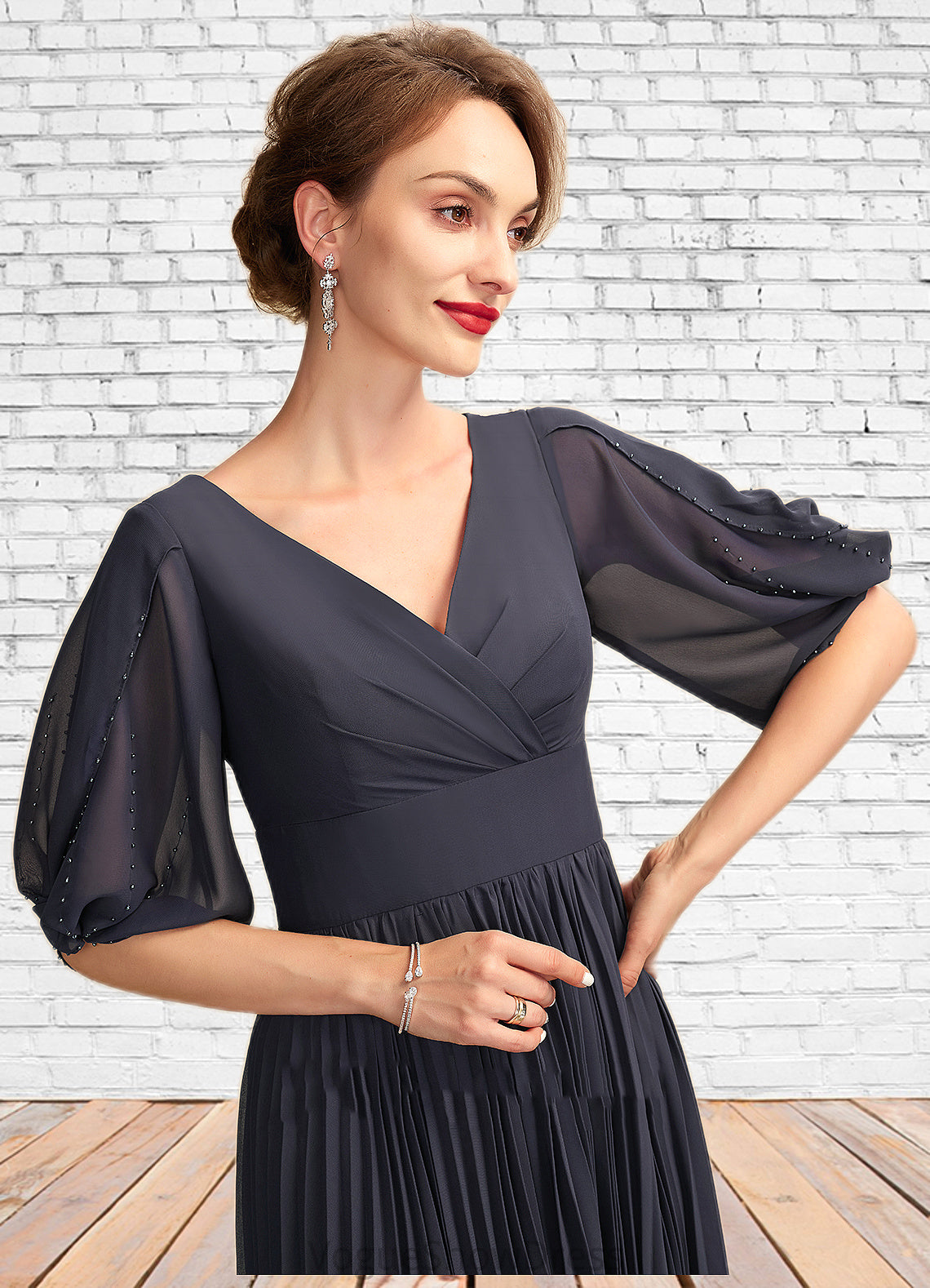 Teagan A-Line V-neck Tea-Length Chiffon Mother of the Bride Dress With Pleated DL126P0015012
