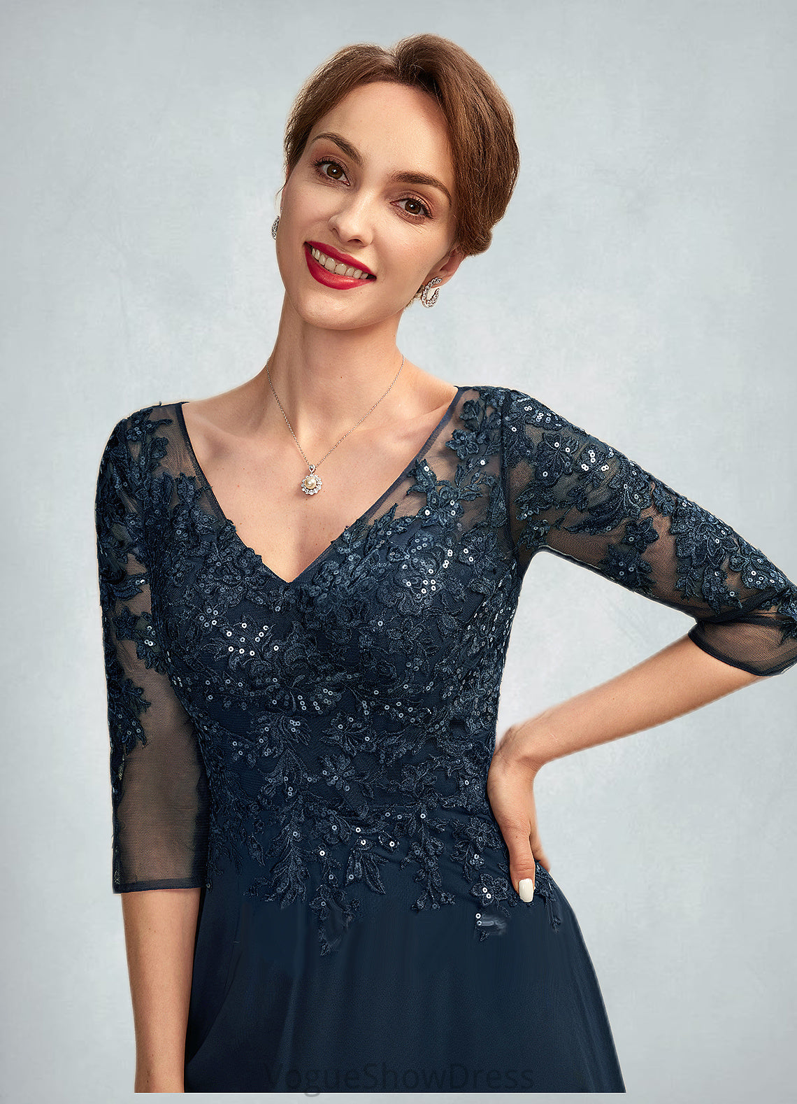 Ainsley A-Line V-neck Floor-Length Chiffon Lace Mother of the Bride Dress With Sequins Split Front DL126P0015014