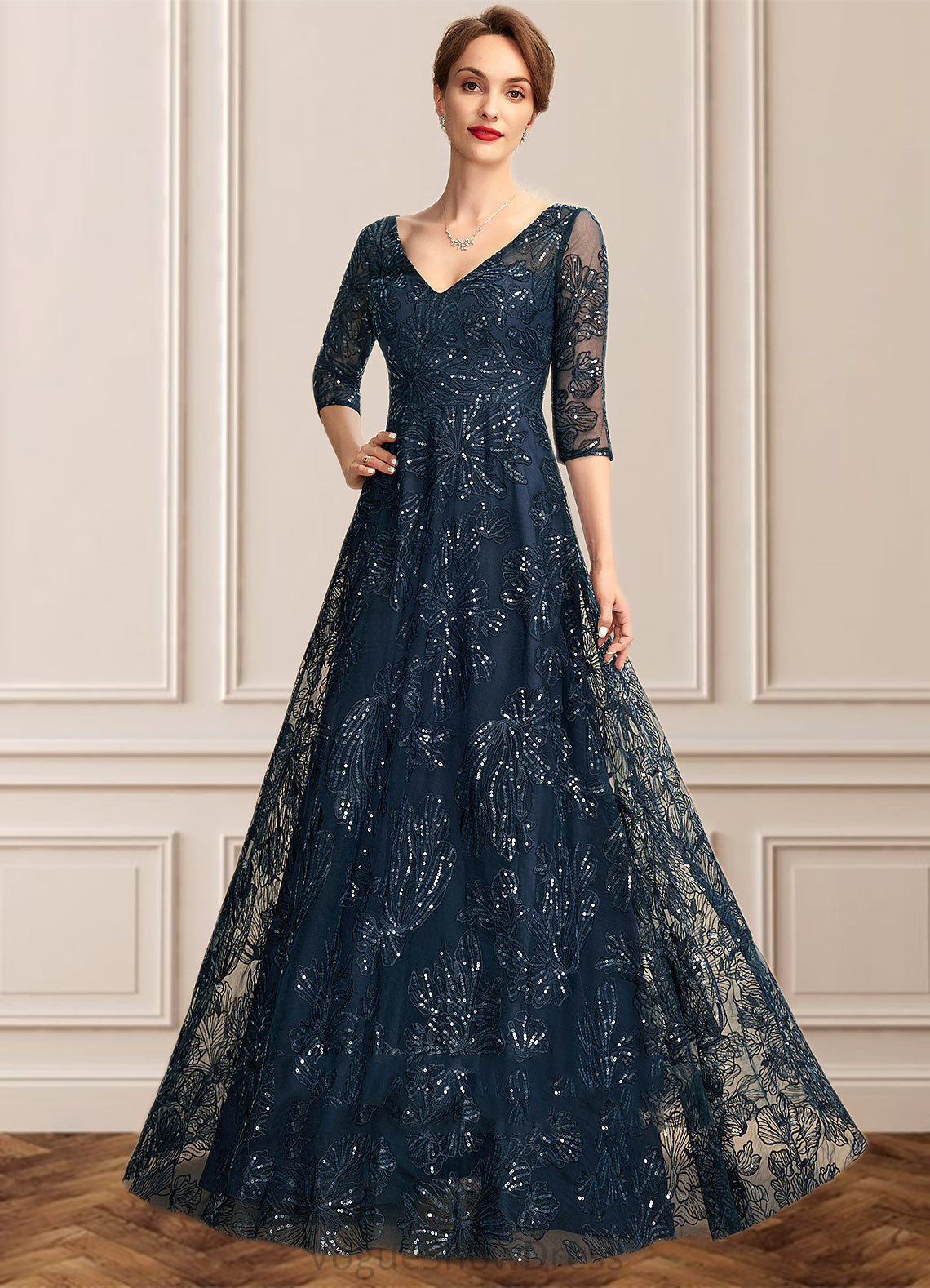 Iyana A-Line V-neck Floor-Length Lace Mother of the Bride Dress With Sequins DL126P0015015