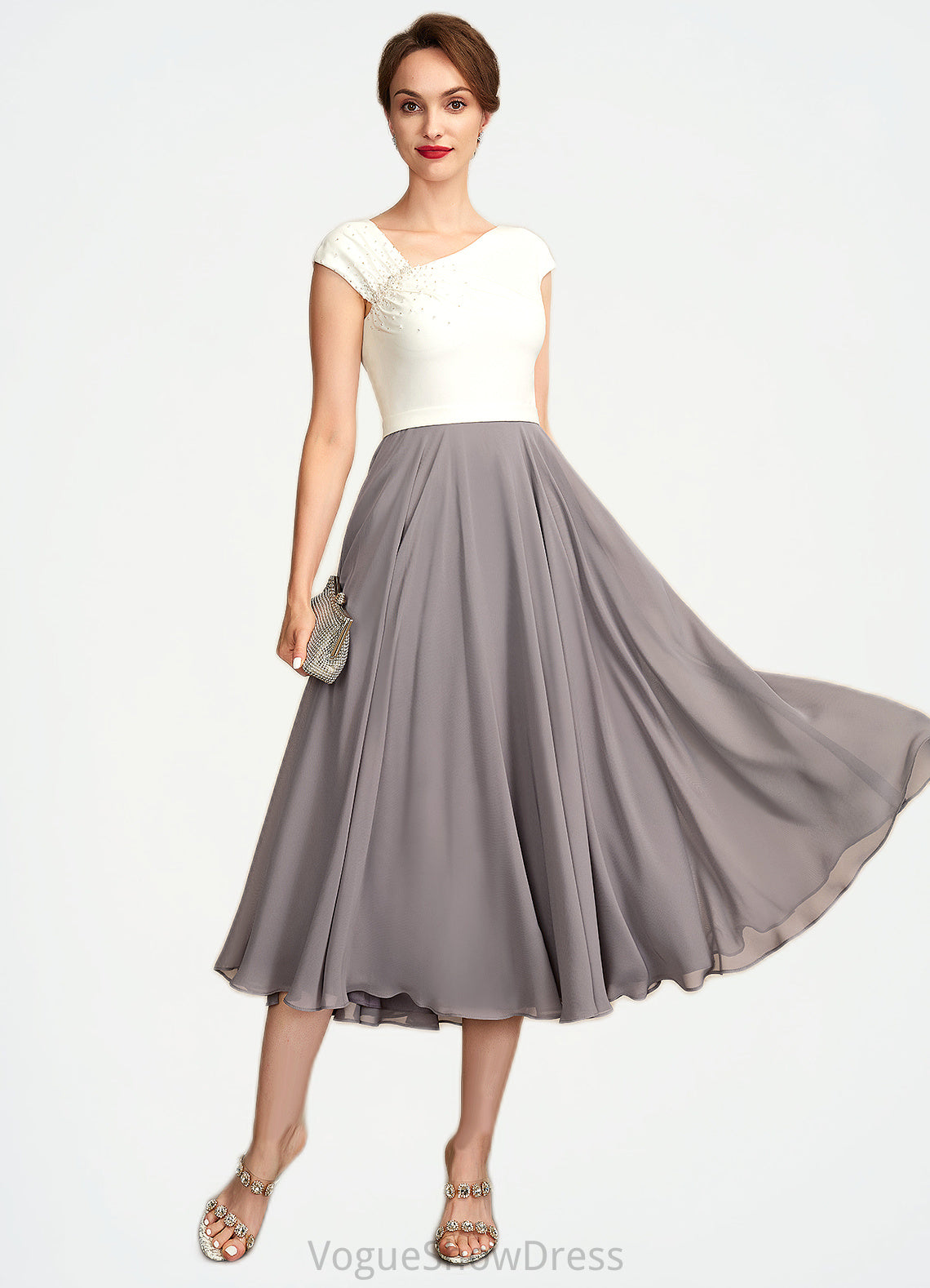Muriel A-Line V-neck Tea-Length Chiffon Mother of the Bride Dress With Ruffle Beading Sequins DL126P0015016