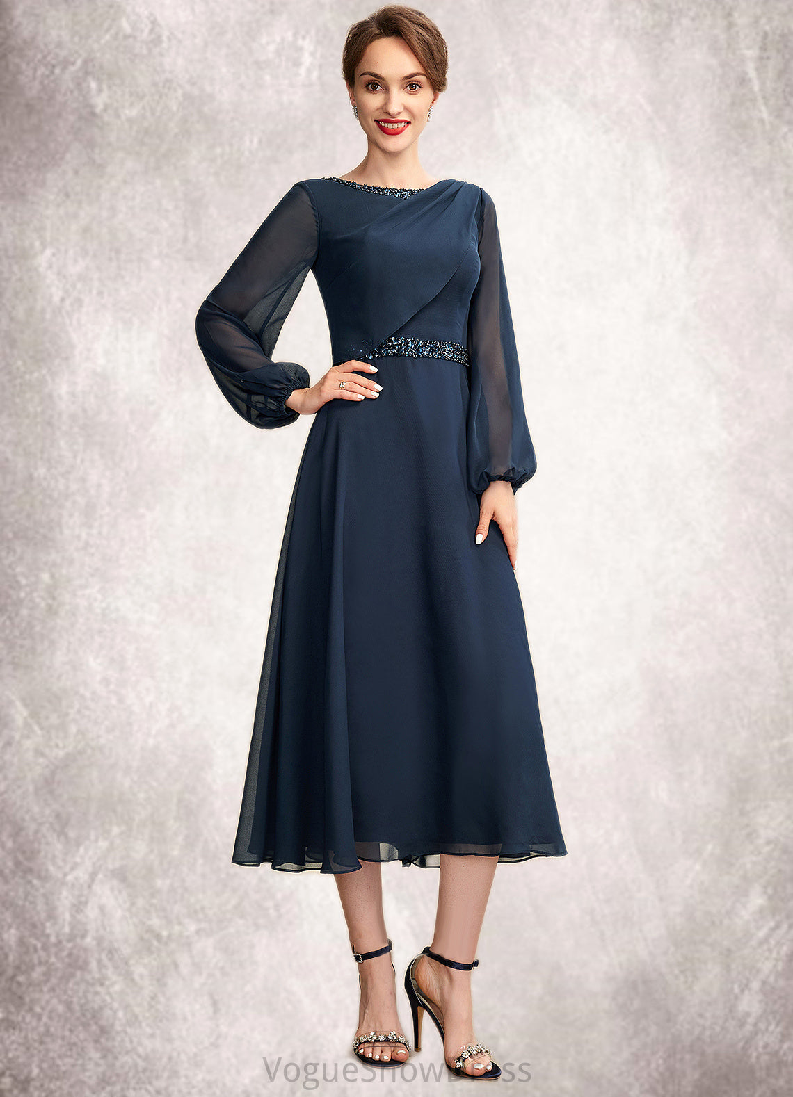 Cheryl A-Line Scoop Neck Tea-Length Chiffon Mother of the Bride Dress With Beading Sequins DL126P0015018