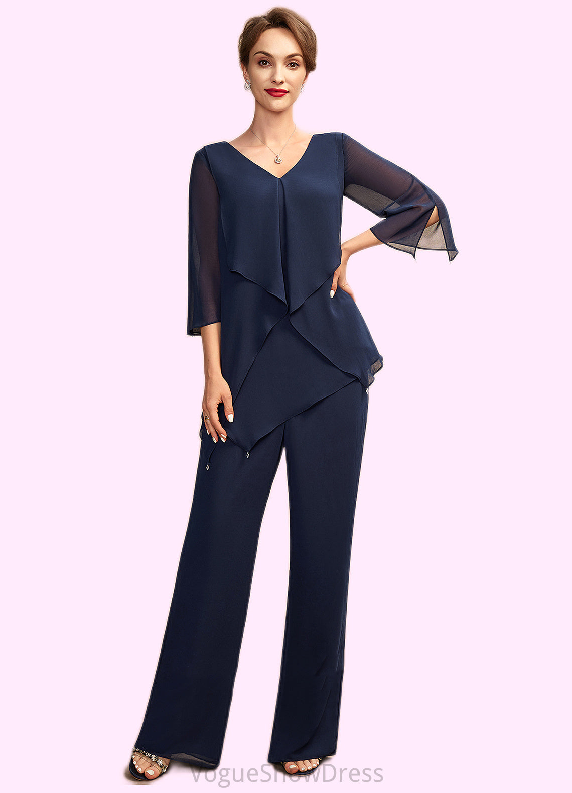 Madeline Jumpsuit/Pantsuit V-neck Floor-Length Chiffon Mother of the Bride Dress With Cascading Ruffles DL126P0015019