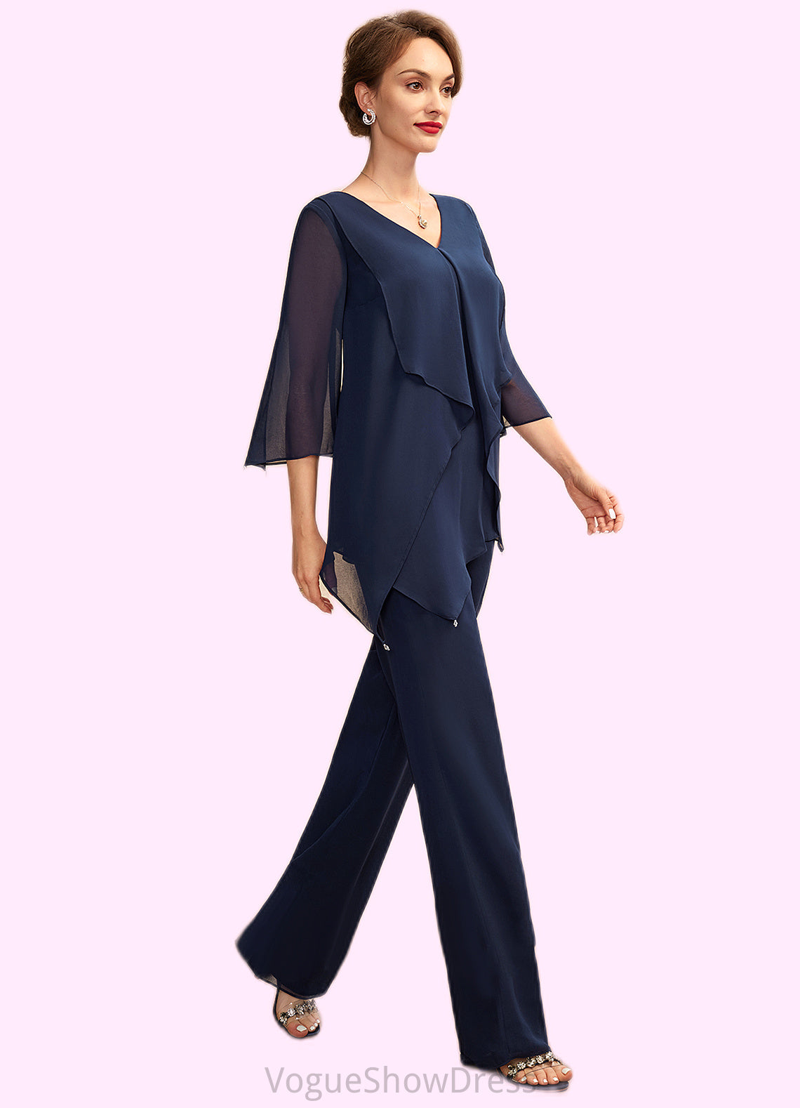 Madeline Jumpsuit/Pantsuit V-neck Floor-Length Chiffon Mother of the Bride Dress With Cascading Ruffles DL126P0015019