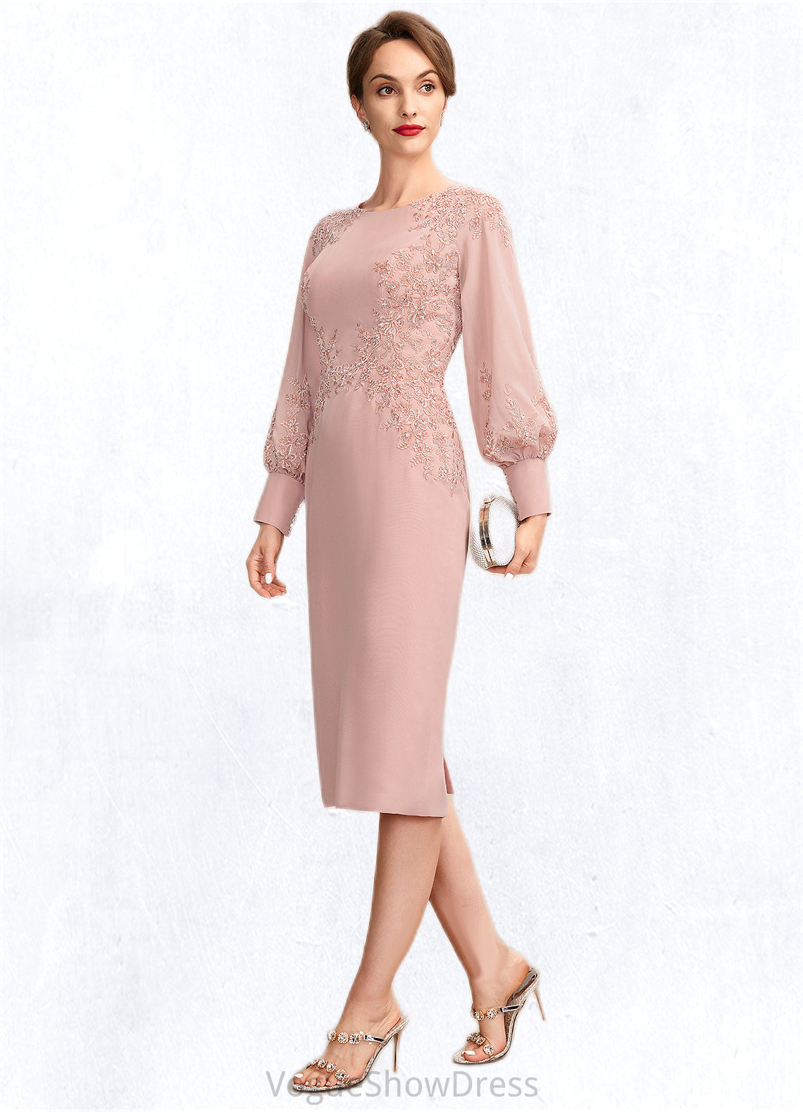 Leah Sheath/Column Scoop Neck Knee-Length Chiffon Lace Mother of the Bride Dress With Beading Sequins DL126P0015020