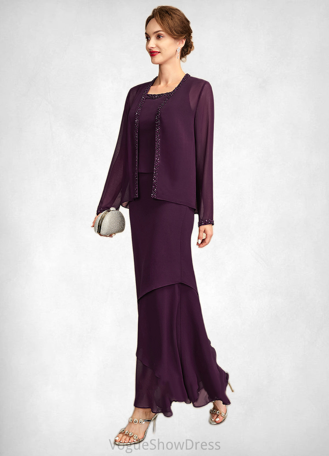 Kylie Sheath/Column Scoop Neck Ankle-Length Chiffon Mother of the Bride Dress With Beading Sequins DL126P0015024