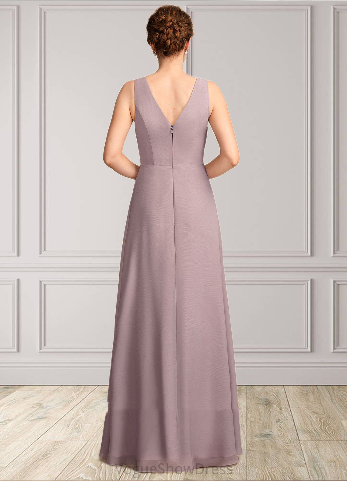 Lillian A-Line V-neck Floor-Length Chiffon Mother of the Bride Dress With Ruffle DL126P0015026