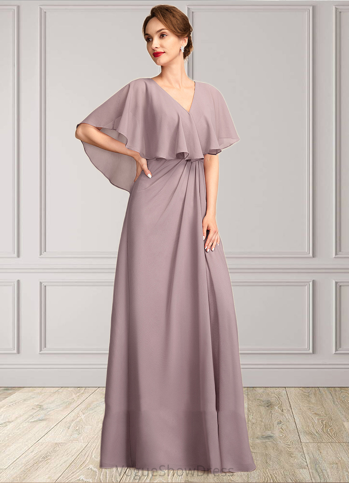 Lillian A-Line V-neck Floor-Length Chiffon Mother of the Bride Dress With Ruffle DL126P0015026