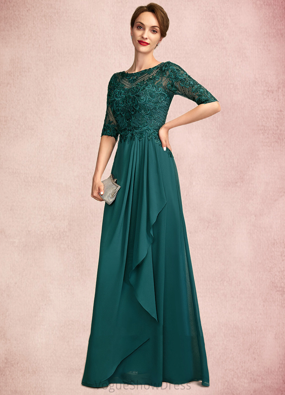 Tiara A-Line Scoop Neck Floor-Length Chiffon Lace Mother of the Bride Dress With Beading Sequins Cascading Ruffles DL126P0015027