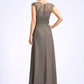 Ariella A-Line V-neck Floor-Length Chiffon Lace Mother of the Bride Dress With Beading Sequins Cascading Ruffles DL126P0015030
