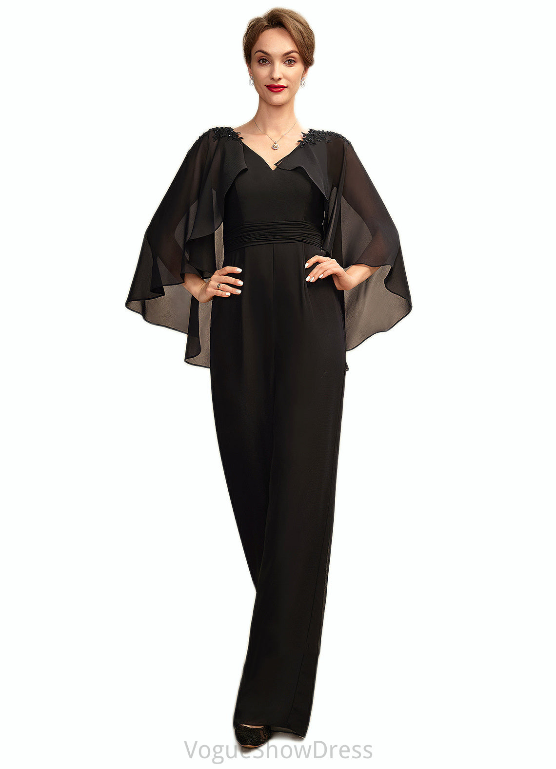 Geraldine Jumpsuit/Pantsuit V-neck Floor-Length Chiffon Mother of the Bride Dress With Ruffle Beading Appliques Lace Sequins DL126P0015033
