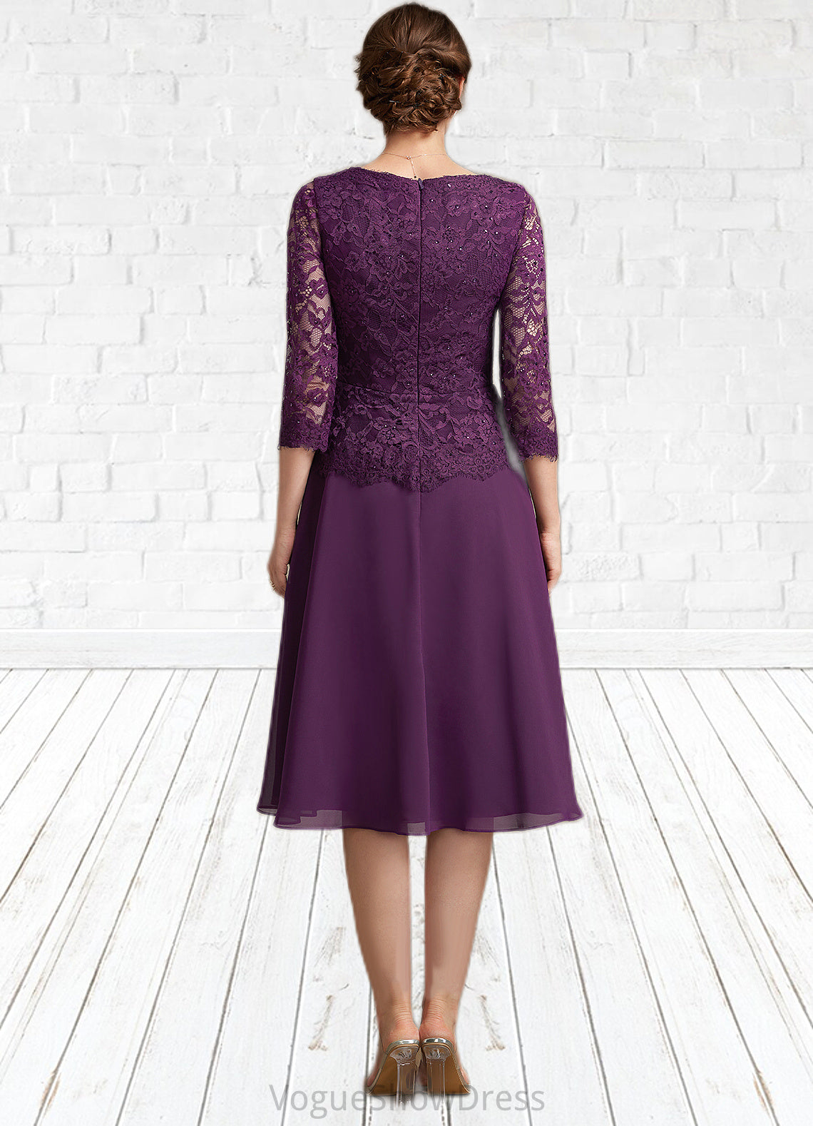 Kali A-Line V-neck Knee-Length Chiffon Lace Mother of the Bride Dress With Beading Sequins DL126P0015035