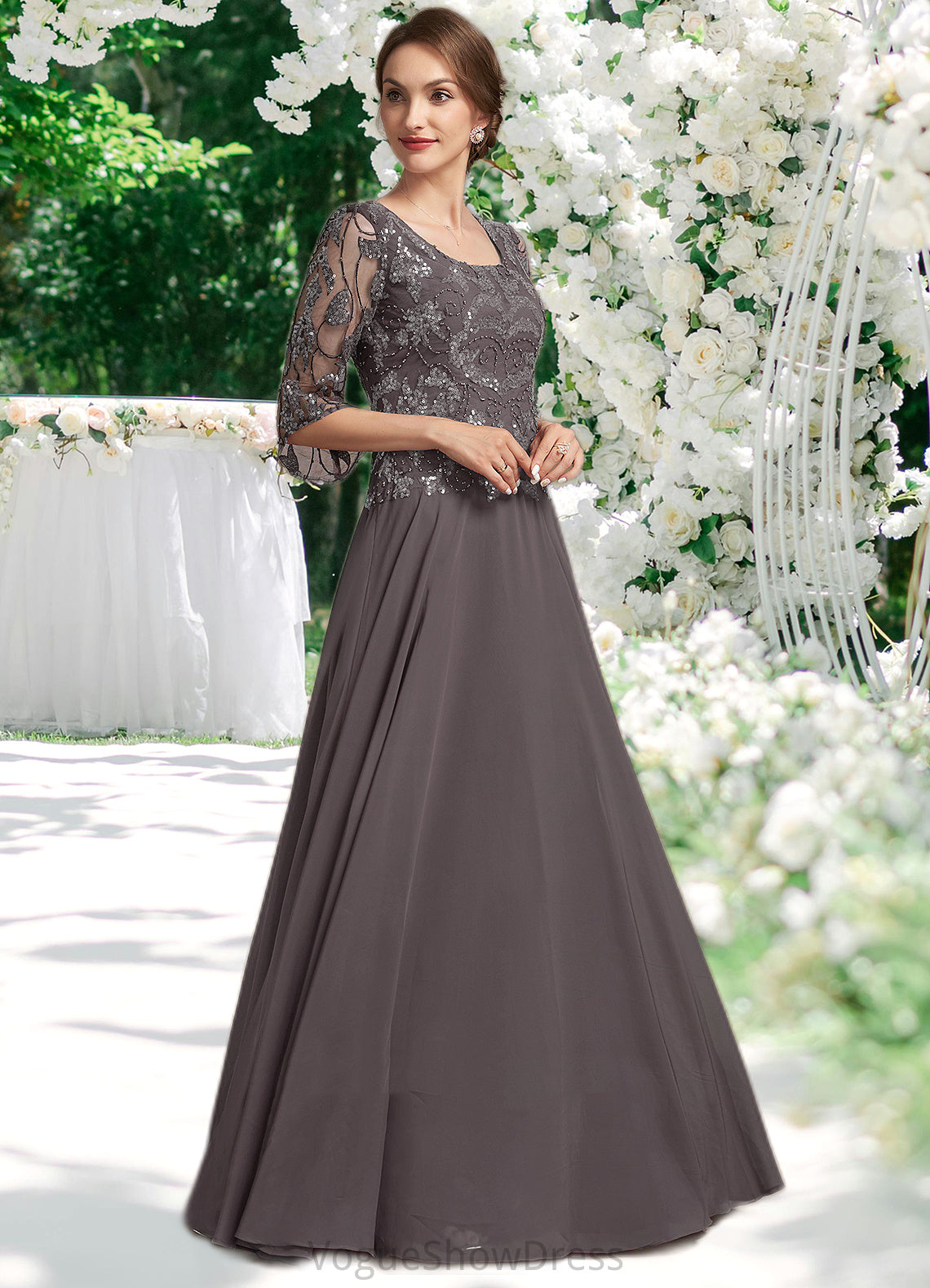 Giuliana A-Line Scoop Neck Floor-Length Chiffon Lace Mother of the Bride Dress With Beading Sequins DL126P0015036