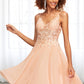 Aubrey A-line V-Neck Knee-Length Chiffon Lace Homecoming Dress DLP0020527