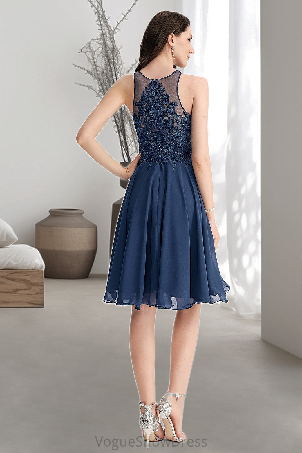 Juliette A-line Scoop Knee-Length Chiffon Lace Homecoming Dress With Beading DLP0020515