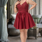 Halle A-line V-Neck Short/Mini Lace Satin Homecoming Dress With Beading DLP0020554