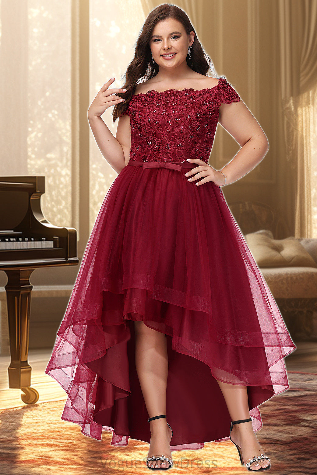 Scarlett A-line Off the Shoulder Asymmetrical Lace Tulle Homecoming Dress With Beading Bow Sequins DLP0020535