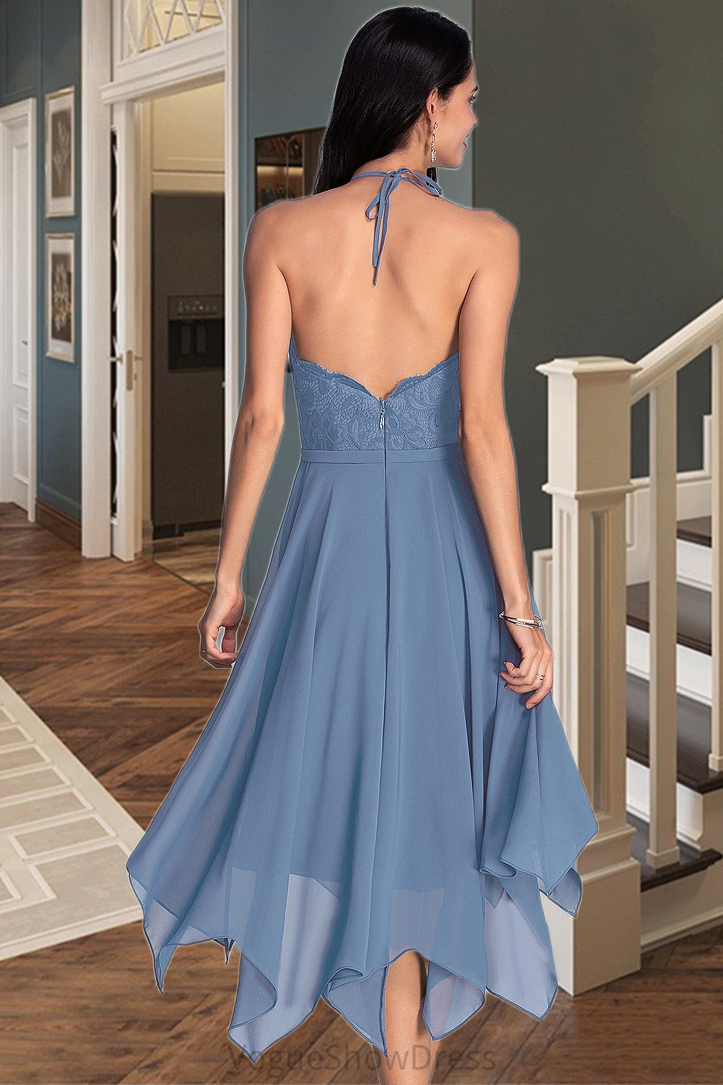 Lily A-line Halter Asymmetrical Chiffon Lace Homecoming Dress DLP0020561