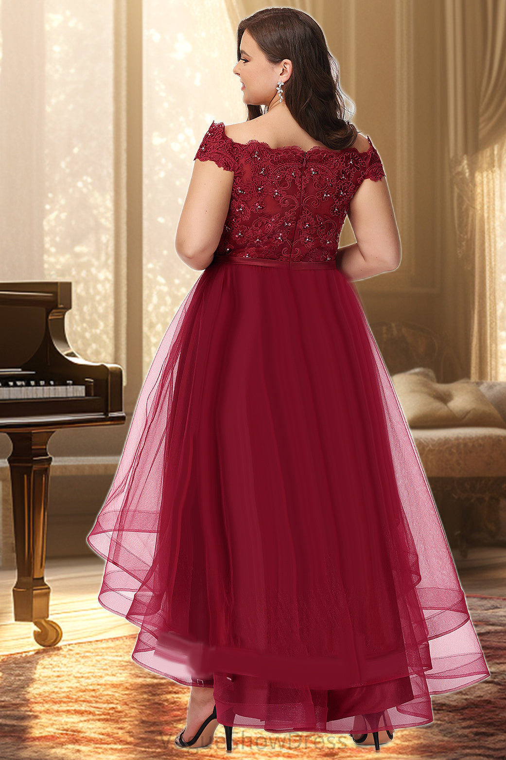 Scarlett A-line Off the Shoulder Asymmetrical Lace Tulle Homecoming Dress With Beading Bow Sequins DLP0020535