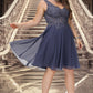 Holly A-line V-Neck Short/Mini Chiffon Lace Homecoming Dress With Beading DLP0020536