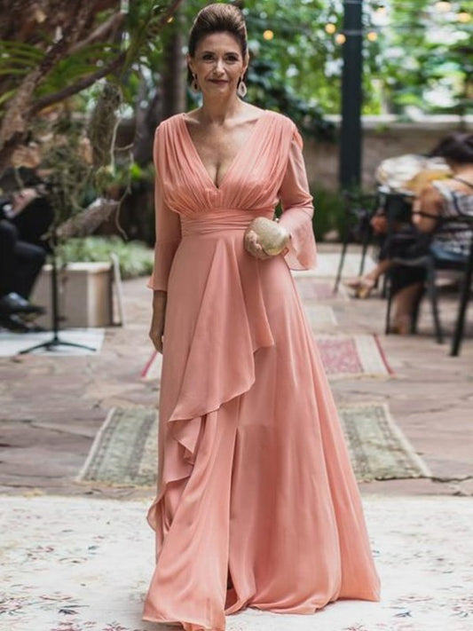 Elise A-Line/Princess Chiffon Ruffles V-neck Long Sleeves Floor-Length Mother of the Bride Dresses DLP0020384