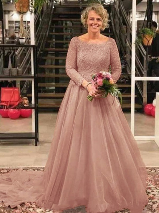 Cindy A-Line/Princess Tulle Applique Scoop Long Sleeves Court Train Mother of the Bride Dresses DLP0020413