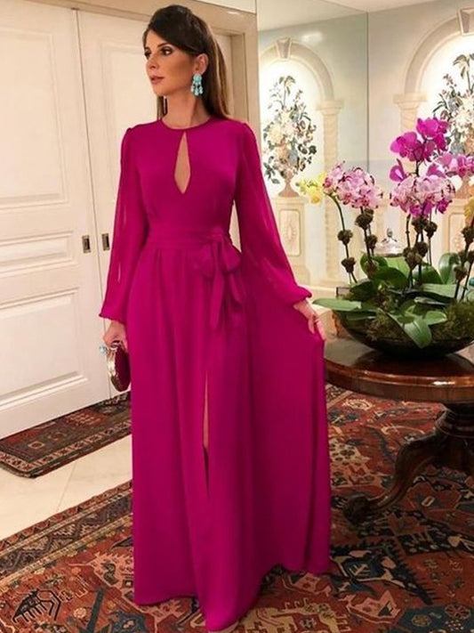 Diamond A-Line/Princess Chiffon Ruched Scoop Long Sleeves Floor-Length Mother of the Bride Dresses DLP0020417