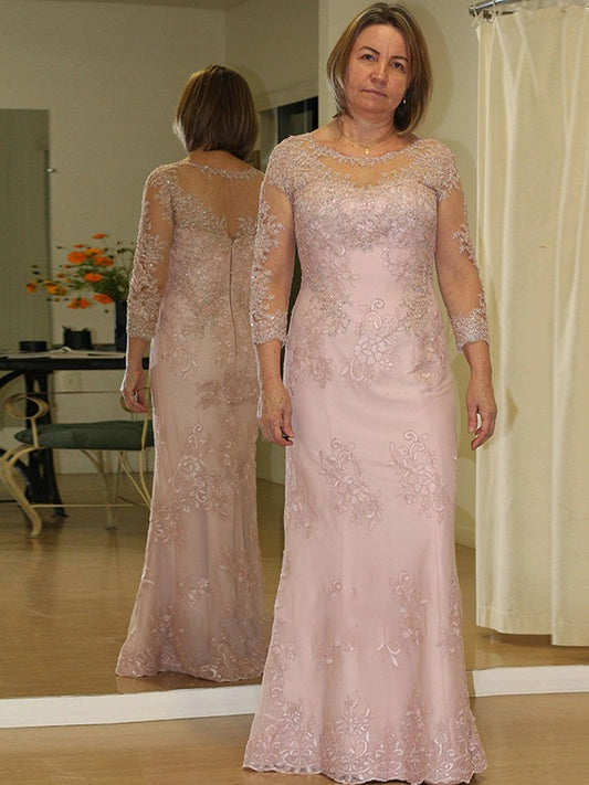 Jewel Sheath/Column Lace Applique Scoop Long Sleeves Floor-Length Plus Size Mother of the Bride Dresses DLP0020449