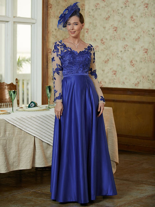 Genevieve A-Line/Princess Satin Applique V-neck Long Sleeves Floor-Length Mother of the Bride Dresses DLP0020358