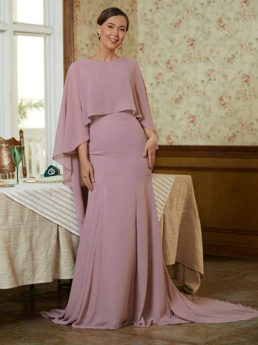 Arely Sheath/Column Chiffon Ruffles Scoop Long Sleeves Sweep/Brush Train Mother of the Bride Dresses DLP0020360