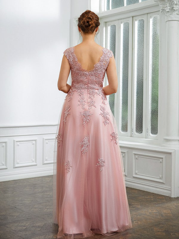 Mikayla A-Line/Princess Tulle Applique V-neck Sleeveless Floor-Length Dresses DLP0020264