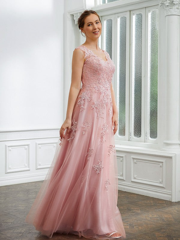 Mikayla A-Line/Princess Tulle Applique V-neck Sleeveless Floor-Length Dresses DLP0020264