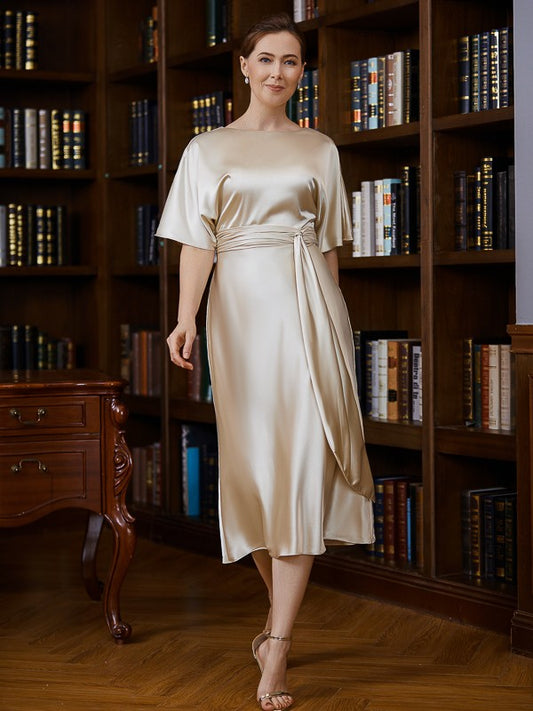 Gabriella Sheath/Column Elastic Woven Satin Ruched Scoop Short Sleeves Tea-Length Mother of the Bride Dresses DLP0020242