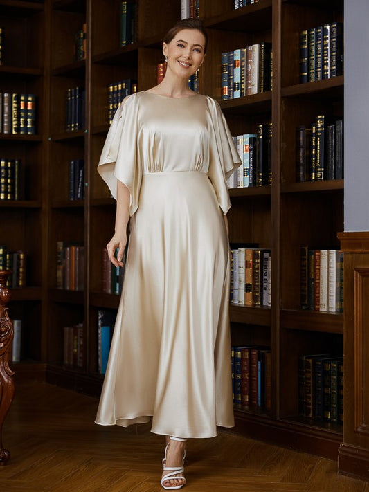 Lois A-Line/Princess Silk like Satin Ruched Scoop 1/2 Sleeves Ankle-Length Mother of the Bride Dresses DLP0020243