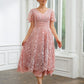 Evelyn A-Line/Princess Chiffon Applique V-neck Short Sleeves Tea-Length Dresses DLP0020244