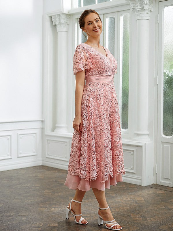 Evelyn A-Line/Princess Chiffon Applique V-neck Short Sleeves Tea-Length Dresses DLP0020244