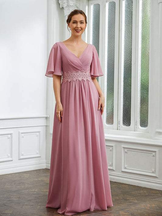 Quintina A-Line/Princess Chiffon Ruched V-neck 1/2 Sleeves Floor-Length Mother of the Bride Dresses DLP0020248