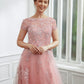 Alena A-Line/Princess Tulle Applique Bateau Short Sleeves Floor-Length Dresses DLP0020242