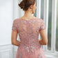 Alena A-Line/Princess Tulle Applique Bateau Short Sleeves Floor-Length Dresses DLP0020242