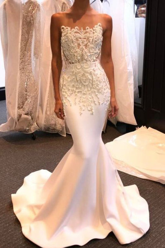 2024 Strapless Satin With Applique And Beads Wedding Dresses Mermaid