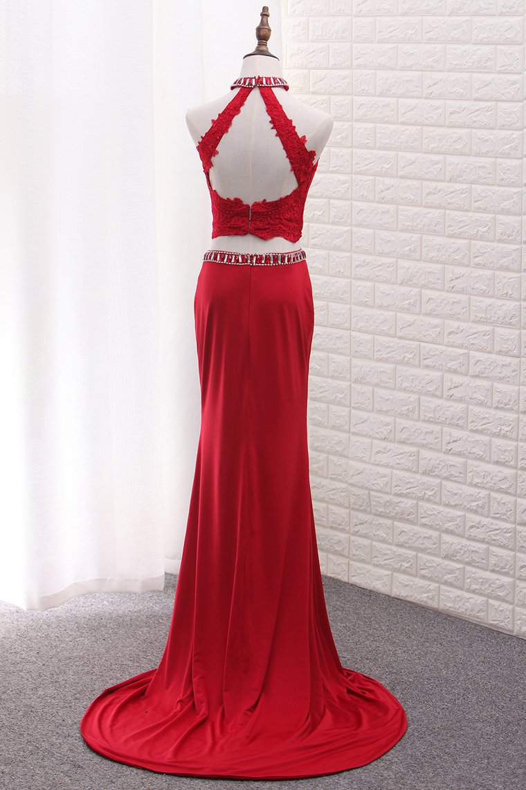 Two Pieces High Neck Spandex Prom Dresses With Applique And Beads Sweep Train