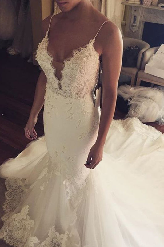 2024 Wedding Dresses Mermaid Spaghetti Straps With Applique Tulle